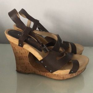 Guess brown leather and tan wedges. Size 10.